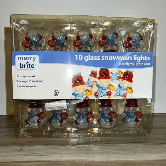 Vintage Glass Snowman Lights 10 Merry Brite Green Cord 10 Feet Indoor Use Tested - Picture 1 of 7